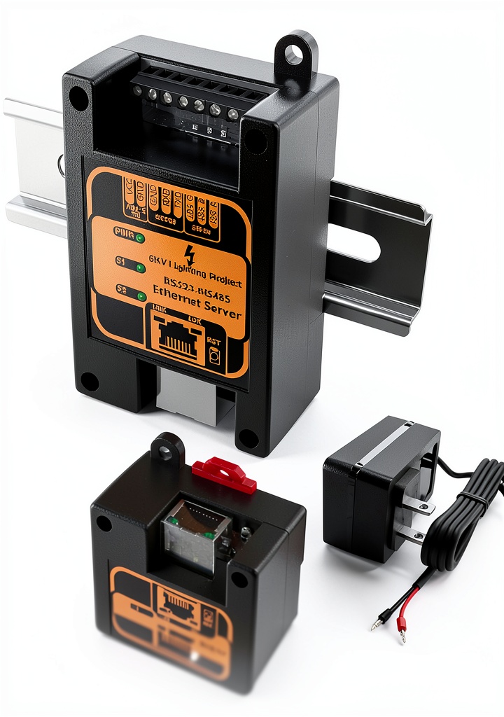 AD-net gateway installed on a DIN rail in an industrial control cabinet